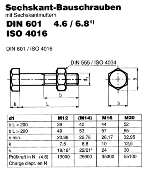 DIN 601 Sechskantschraube Bauschraube verzinkt m Mutter & U-Scheibe M16-600 mm 