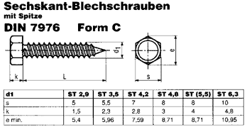 10x DIN 7976 Sechskant-Blechschraube Form C 6.3 x 32 A2 blank 